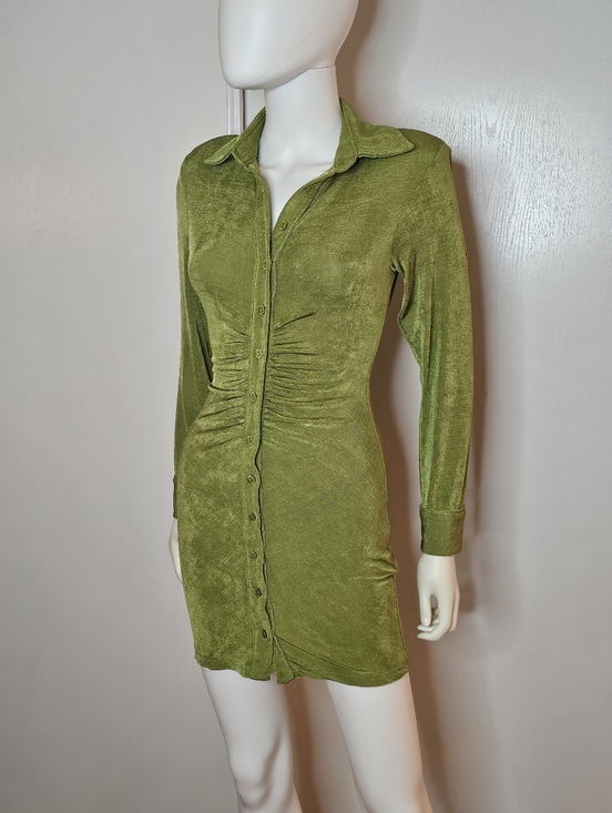 Fashion Nova Dresses & Skirts - Fashion Nova Olive Green Button-Front Ruched Long Sleeve Shirt Dress Size XS